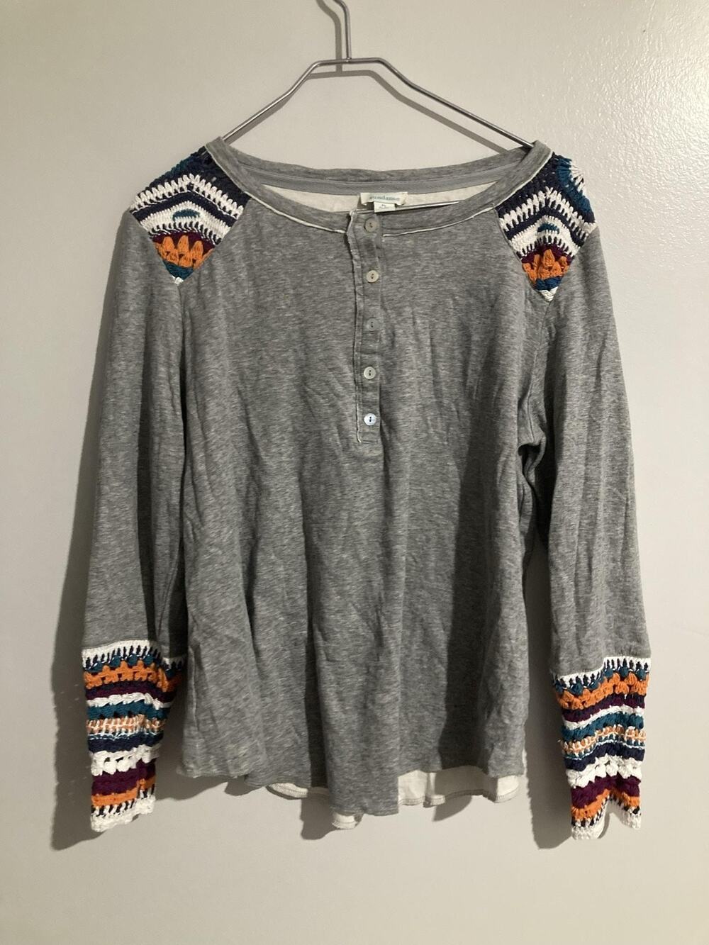 Sundance T-Shirt Womens PL Gray Jersey Henley Crochet Button Long Sleeve